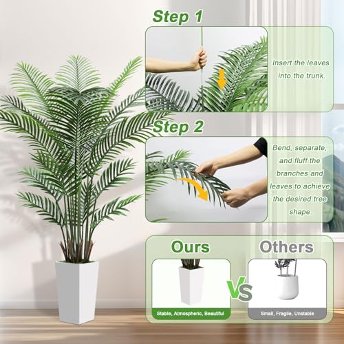 Artificial Palm Tree 6FT – Lifelike Fake Areca Palm Tree with White Tall Planter – Faux Indoor Tropical Floor Plant for Living Room Decor - color: White, size: 6ft
