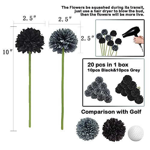 20Pcs Artificial Fake Flower Plants Silk Chrysanthemum Ball Hydrangea Arrangements Wedding Bouquets Decor Home Kitchen Garden Party Table Floral Centerpieces DIY (Black&Grey) - color: Black&grey