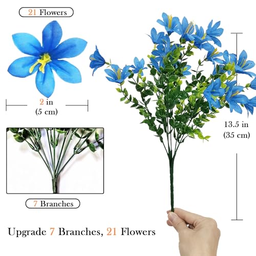 8pcs Artificial Flowers Lily, Silk Faux Fake Flower Plants for Wedding Bouquet Home Party Indoor/Outdoor Table Hotel Office Vases Floral Arrangements Decor, Blue - color: Blue