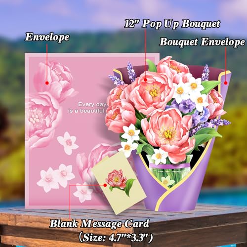 Airpark 3D Pop Up Paper Flowers Bouquet Card 12’‘ with Note & Envelope, Birthday Gifts, Get Well, Thank You, Greeting Cards for Women Mom Wife Friends, Peony Paradise - style: Peony Paradise