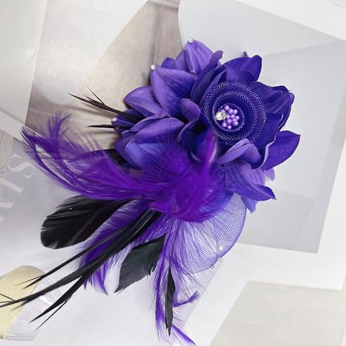 Elegant Flower Brooch for Women Wedding Party Dance Banquet Pins Feather Flower Fascinator Lady Floral Hairpins Dress Suit Lapel Pin Ceremony Accessories Corsage Brooches Vintage Jewelry Gifts - color: Purple