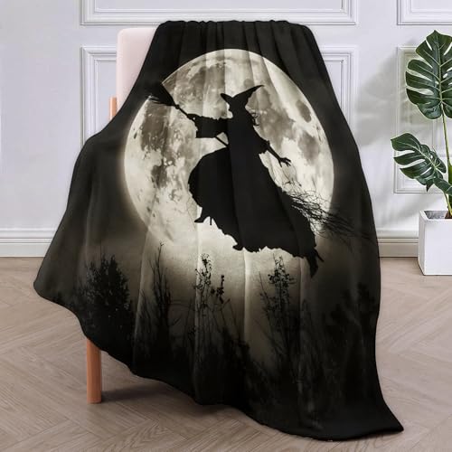 Midnight Witch Flight Fleece Blanket Gifts, Silhouette Against Full Moon Design, Soft Throw 40x50 inches, Haunting Halloween Decor - Black and Gray - color: Color451, size: 40"x50"