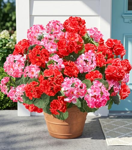Fake Geraniums Artificial Flowers for Outdoors, 6 Bundles Silk Geraniums Flowers Realistic UV Resistant Fake Plants Faux Flowers for Outside Planters Front Door Garden Balcony Yard Porch Indoor, Mix - color: 3 Red, 3 Pink