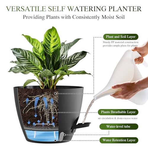 Self Watering Pots with Drainage Holes, 3 Pack 12/10/8 Inch Plant Pots with Water Level Indicator Deep Reservoir, Large Plastic Planter for Indoor Outdoor Plants - Black - color: Black, size: 12+10+8 Inch Set