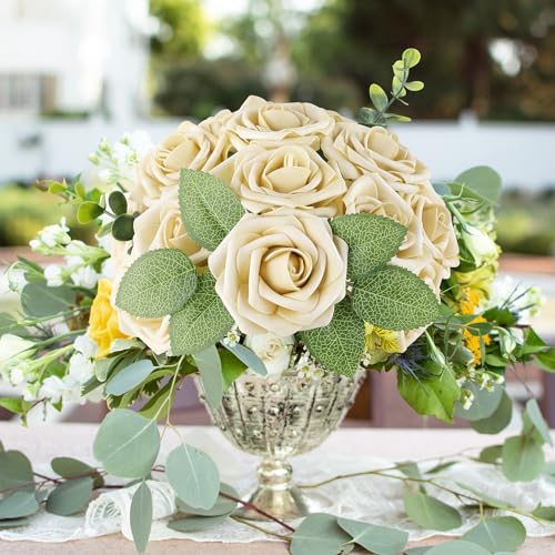 AmyHomie 25pcs Real Looking Artificial Beige Roses w/Stem for DIY Wedding Bouquets Centerpieces Arrangements Party Baby Shower Valentines Day Christmas Tree Decorations - color: Beige