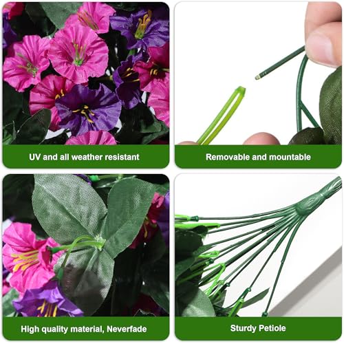 Fake Hanging Flowers for Outdoor Decor, 2 PCS Artificial Silk Morning Glory Vines Stems UV Resistant for Wall Home Porch Patio Party Wedding Decor (Dark Purple and Fuchsia) - color: Dark Purple and Fuchsia