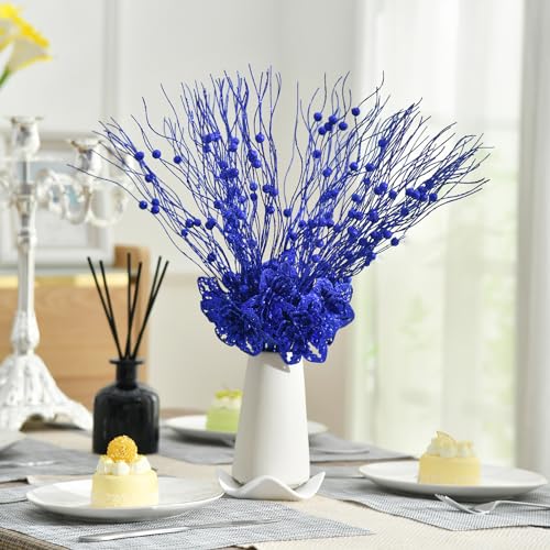 10pcs Artificial Glitter Poinsettia Flower Berry Stem Ornaments Christmas Tree Picks Branches for Xmas Tree Decorations Gift Home Wedding Holiday Party Decor, Royal Blue - color: Royal Blue
