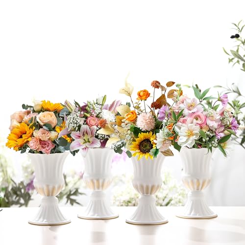 MCMCNCUIU White Vases for Centerpieces Set of 4, Urn Vases for Flowers, Vintage Pedestal Vase for Wedding Centerpieces, Metal Trumpet Vase for Wedding Table, Party, Home, Anniversary Decoration - color: White, size: Tall Urn-4Pcs