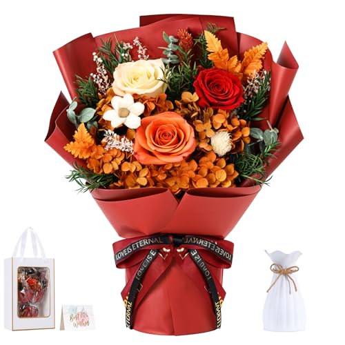 Lewondr Flower for Delivery, Preserved Flowers Bouquet, Orange Roses Bouquet, Real Long-Lasting Forever Birthday Flowers Gifts for Mom Best Friend Mothers Day Christmas Graduation, Dark-Orange - color: Dark Orange