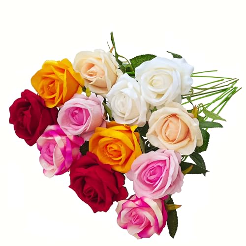 12PCS Artificial Realistic Silk Fake 6-Colored Roses Long Stem | 6 Colors Mixed Roses For Wedding Decoration, Party Table Decoration, Valentines Mother's Day - color: 2 Rose Red /2 Red/2 Pink/2 White/2 Champagne/2 Yellow