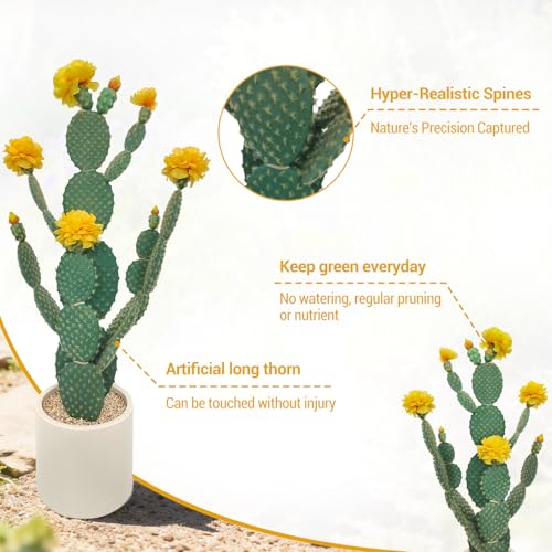 Artificial Cactus Plant, Tall UV Resistant Faux Cactus Plant, Realistic Texture Tall Fake Plant, Faux Desert Cacti Potted Plant with Planter for Indoor Outdoor Decoration - color: Yellow + Green