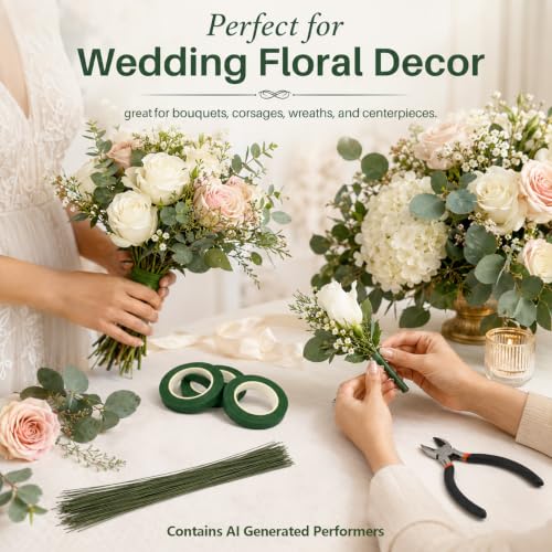 RAINFLOW Mother's Day Floral Arrangement Kit - Floral Tape & Floral Wire Set with Boutonniere Pins & Cutter, Includes 22 Gauge & 26 Gauge Wire for Bouquet & Wreath Making