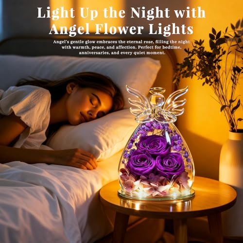 Beferr Gifts for Mom Birthday Gifts for Women, Fresh Flowers for Delivery Forever Preserved Rose in Glass Angel Figurine, Anniversary Christian Real Rose for Grandma Wife Mother from Daughter Son - color: A Purple-p