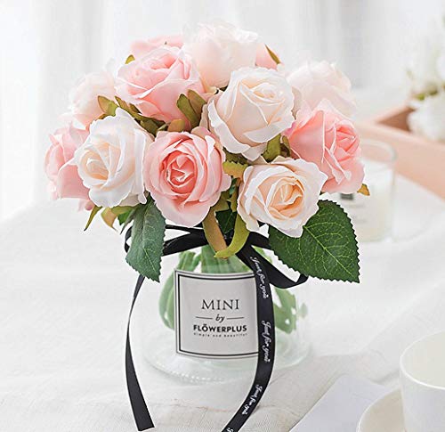 Jasion Artificial Roses Flowers 12 Heads Arrangement Silk Bouquet for Home Office Parties Bridal and Wedding Decoration (Pink with Champagne) - color: Pink With Champagne