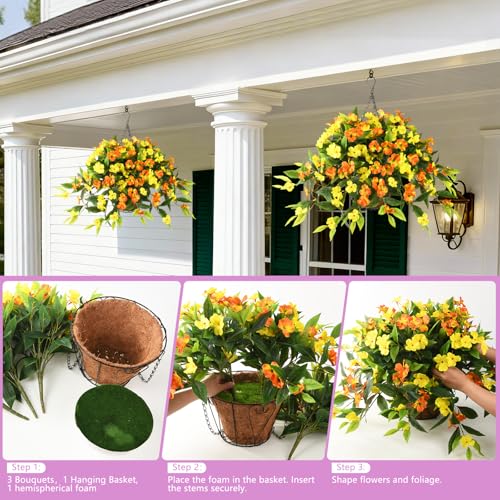 Hommyea Artificial Fake Hanging Flowers Plants Basket for Outdoors Outside Decoration UV Resistant Faux Silk Flowers Look Real Plastic Flowers for Spring Planters Home Porch Patio Garden Decor - color: 3psc Orange Yellow