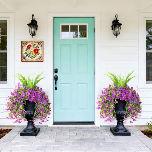 ZFProcess Artificial Fake Hanging Flowers for Outdoors, Silk Daisy with Articial Boston Ferns Plants Set, Realistic Spring Fake Outdoor Flowers UV Resistant Porch Patio Yard Decor - color: Purple Daisy With Fern