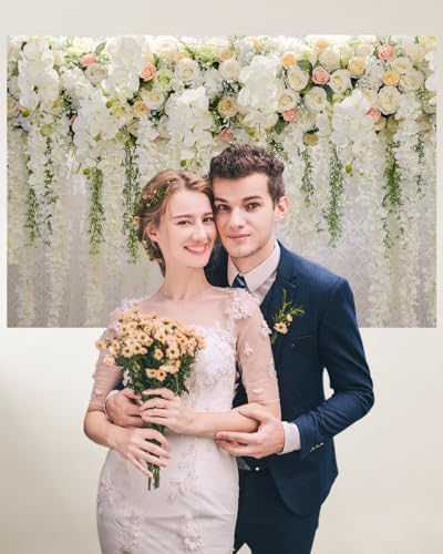 Mocsicka Wedding Flower Backdrop Wall Floral Bridal Shower Backdrops for Photoshoot Wedding Decoration for Reception White Rose Floral Photography Background Banner(7x5ft) - size: 7x5ft