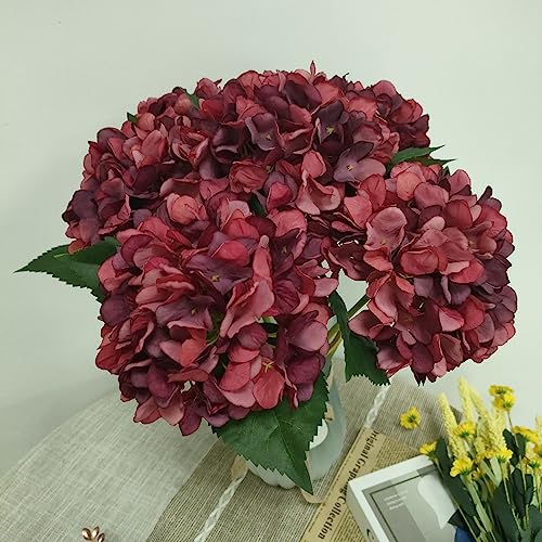 Red Hydrangea Artificial Flowers,6 Pcs Faux Hydrangea Flowers,Artificial Hydrangeas Flowers with Stems,Fake Hydrangeas,Red Silk Flowers with Stems for Home Decor (6, Dark red) - color: Dark Red