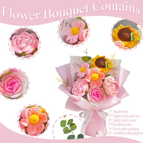 Crochet Flowers Bouquet, Handmade Crochet Rose Bouquet Pink,Knitted Flowers,Crochet Roses & Sunflower & Daisys for Home Decor,Birthday,Valentine's Day - color: Pink - Rose Sunflower Daisy