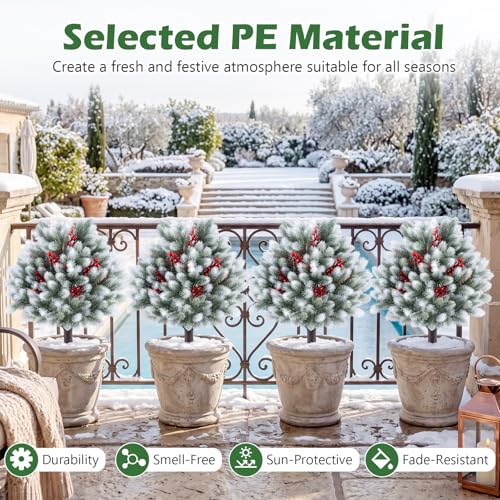 Goplus Artificial Cedar Topiary Ball Trees Set of 2, 27.5" Faux Pine Needle Bushes with Ground Spikes, Sun-Resistant Indoor Outdoor Fake Shrub Plants for Front Porch, Patio, Yard Winter Decor - color: Cedar
