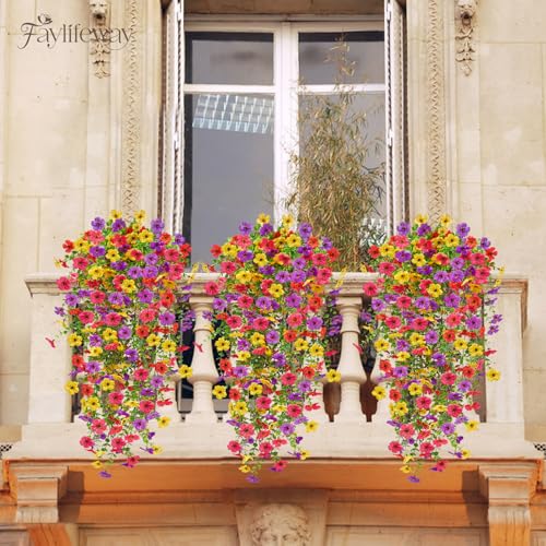 Artificial Hanging Flowers for Outdoors Spring Summer Decoration, 8PCS UV Resistant Silk Fake Hanging Plants for Patio Porch Front Yard Window Garden Indoor Decor(Spring Color,8PCS) - color: Summer Color, size: 8PCS
