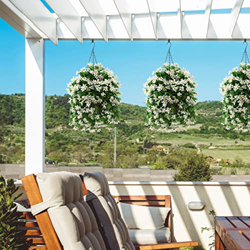 INQCMY Artificial Hanging Flowers in Basket for Patio Garden Decoration,Faux Silk Violet in Planter UV Resistant Realistic for Outside Home Porch Balcony Yard Decor(White) - color: White