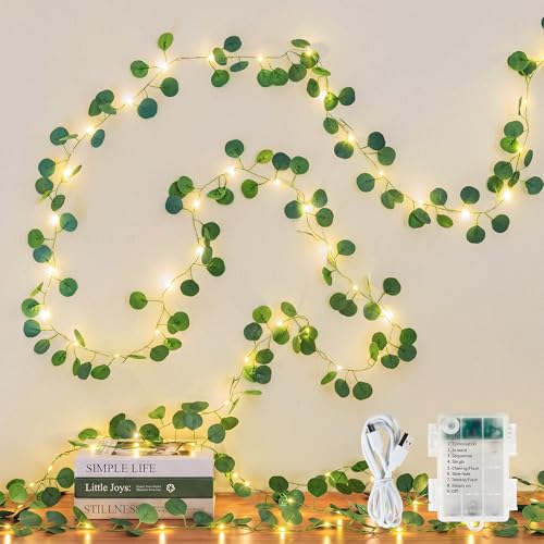 HEYFUNi 23FT Eucalyptus Garland with Fairy Lights, USB & Battery | 73 Leds, Timer & Memory & 8 Modes, Greenery Eucalyptus Leaf Vine Lights For Bedroom, Wall, Wedding, Party, Summer Dorm Decor - color: Eucalyptus, size: 73 LED-USB & Battery