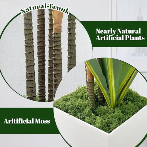 Artificial Dracaena Tree 4FT with White Tall Planter,Fake Green Plant with Natural Wood Trunk & Lifelike Leaves, Aritificial Yucca Plant for Home Office Decor,Housewarming