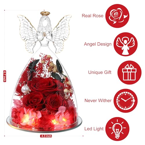 Mothers Day Rose Gifts for Women Preserved Real Flower in Glass Angel Figurines Roses for Delivery Prime Birthday Gifts for Mom Grandma Girlfriend Wife Her, Red Austin Roses - color: Red With Austin Roses