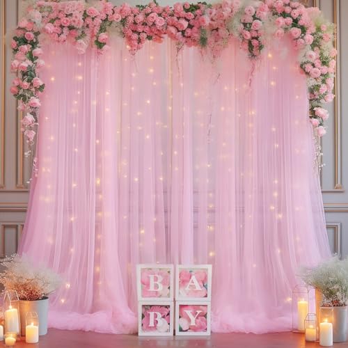 10ft x 8ft Pink Backdrop Curtain with Lights String for Parties, Sheer Tulle Wedding Photo Backdrops Drapes for Baby Shower Birthday Party Decorations Background for Photography - color: Pink, size: W5' x H8'(2 panels)