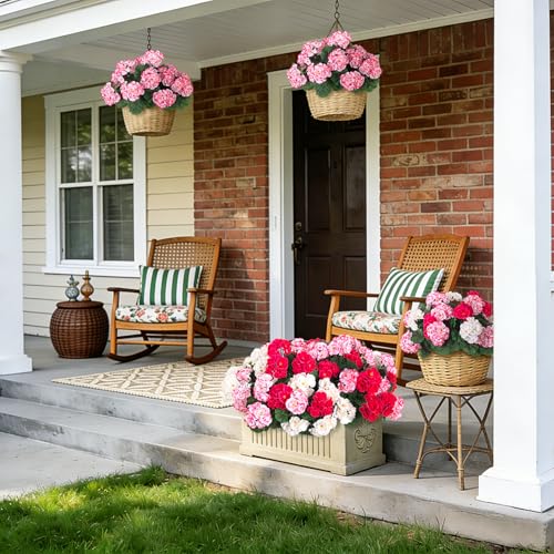 Ammyoo Artificial Geranium Flowers for Outdoors Decoration, 6 Pcs Fake Silk Geraniums Flower UV Resistant Look Real Faux Plants for Spring Garden Porch Planter Yard Table Centerpieces Decor - color: Pinkwhiterose-red