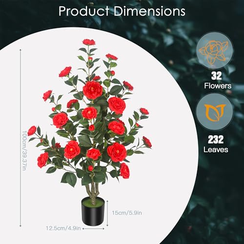 2Pack 39.37"/3.28FT Artificial Camellia Trees with 32 Red Flowers in Cement Pots – Lifelike Fake Trees for Front Porch, Home, Indoor Outdoor Spring Decor, Office or Housewarming Gifts - color: Red, size: 39.37 inchx2