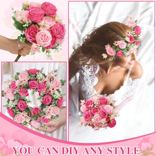 16 Pack Pink,Hot Pink Peonies Artificial Flowers,Fake Silk Hydrangea Bouquet for Bridal Wedding Home Table Decor Reusable Dining Opening Ceremony Birthday Arrangement Faux Floral - color: Pink,hot Pink