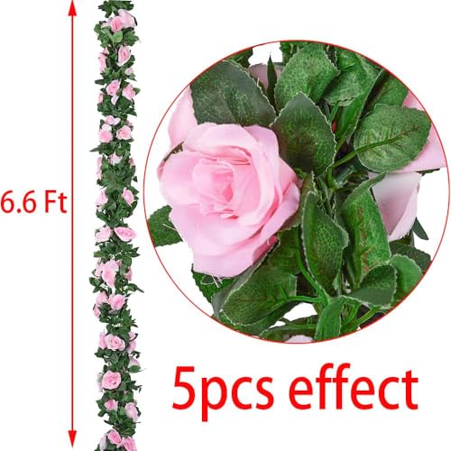 5pack Flower Garland Artificial Fake Rose Garland Vine Artificial Flowers for Decoration Floral Garlands Decor-Total 41 Ft (Pink) - color: Pink