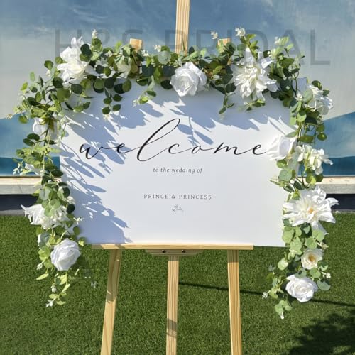 Artificial Flower Garland，6.5Ft Fake Dahlia Rose Flowers Garland Floral Eucalyptus Greenery Vine for Wedding Arch，Table Runner Centerpieces Backdrop Room Wall Hanging Plant Decor（White） - color: White