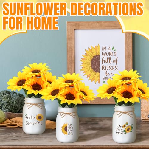 Ziliny Artificial Sunflower Decor Set of 3 Sunflower Table Centerpiece with Mason Jar Fake Flowers for Farmhouse Kitchen Dining Table Tiered Tray Wedding Baby Shower Centerpiece