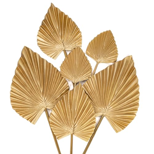 6 Pcs Pu Foam Artificial Golden Leaf Faux Palm Tropical Leaves Fake Palm Fronds for DIY Wedding Bouquets Fake Leaves for Centerpieces Arrangements Bridal Shower Leaf Stem for Party Home Decor-Gold - color: Gold Palm #10