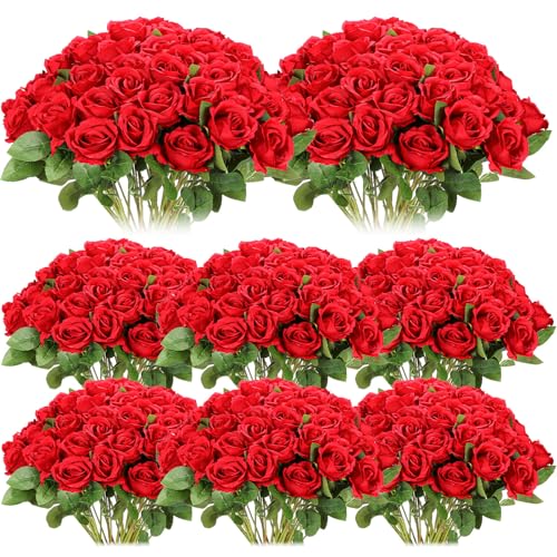Hotop 80 Pcs Rose Artificial Flowers Bulk with Long Stem, Silk Roses Realistic Fake Flowers Bouquet for Wedding Table Centerpieces Bridal Shower Party Home Decorations(Red) - color: Red