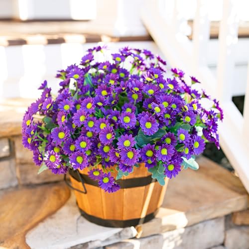 Daisy Artificial Flowers for Outdoors Decoration, 6 Bundles Fake Plants Flowers Bouquet Faux Flowers for Outdoor Planter Look Real UV Resistant Silk Flowers for Outside Front Door Porch Patio, Purple - color: Purple