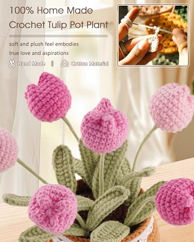 Thank You Gifts for Teachers Crochet Tulips Flower Pot - Handmade Large Crochet Flowers for Women, Graduation End of Year Appreciation Gifts, Positive Tulip Flower Gift for Boss Manager, Pink - color: Pink