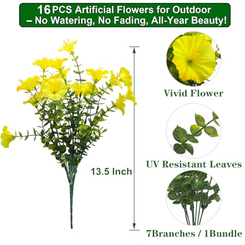 Grunyia Artificial Flowers - 16 Bundles UV Resistant Yellow Faux Silk Plastic Outdoor Fake Plants, Realistic Greenery Foliage for Porch Planter Window Box Garden Indoor Home Decor - color: Yellow