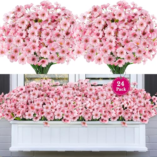 24 Bundles Artificial Flowers for Outdoors, Realistic Fake Silk Flowers for Outside Decoration, No Fade Faux Plants Outdoor Planter Window Box Porch Patio Decor(Pink) - color: Pink, size: 24PCS