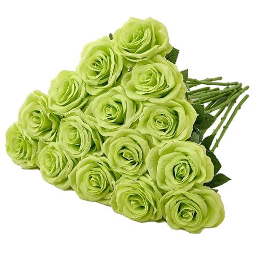 15pcs Green Fake Roses Artificial Silk Flowers Faux Rose Flower Long Stems Bouquet for Arrangement Wedding Centerpiece Party Home Kitchen Decor - color: 15pcs Green