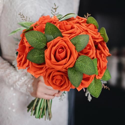 100 Pcs Artificial Foam Rose Flower Faux Bouquet Wedding Fake Rose Gift for Mother's Day Women DIY Bridal Shower Party Table Birthday Home Spring Decor (Burnt Orange) - color: Burnt Orange