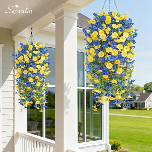 Serwalin Artificial Hanging Flowers for Outdoors Faux Plants, 4PCS Faux Morning Glory Fake Outdoor Flowers UV Resistant Realistic Silk Flower for Outside Planter Front Door Porch Patio Yard Decor - color: Yellow& Blue