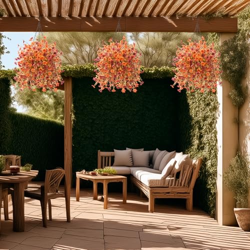 INQCMY Fall Artificial Faux Hanging Flowers Plants Basket for Outdoor Outside Decoration,Fake Silk Daisy in Planter Realistic UV Resistant for Home Porch Balcony Patio Yard Autumn Decor（Orange Brown） - color: Z Orange Brown