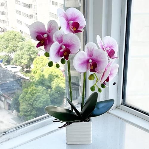 Artificial Orchids for Home Decor Indoor with Vase Orchids Artificial Flowers White Purple Orchid Height 14 Inches - color: Purple Heart White