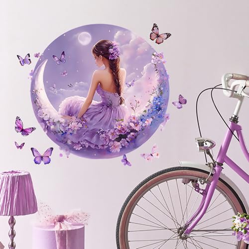 Beautiful Girls Wall Decal for Girls Room Fairy Wall Stickers Peel and Stick Removable Moon Butterfly Flowers Wall Decor for Bedroom Living Room Bathroom Classroom Decorations - style: Beautiful Girls