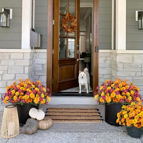 Fake Mums Spring Artificial Flowers for Outdoor Decoration, 6 Bundles Faux Silk Daisy Flowers Realistic UV Resistant No Fade Fake Plants for Home Patio Porch Garden Window Box Decor(Purple Orange) - color: Purple Orange