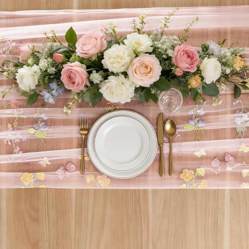 BINBE 3pcs Pink Florals Table Runner Embroidery Gauze 10FT Daisy Seasonal Tulle Birthday Wedding Holiday Kitchen Dining Table Decor for Home Party - color: Pink, size: 10ft x 3pack